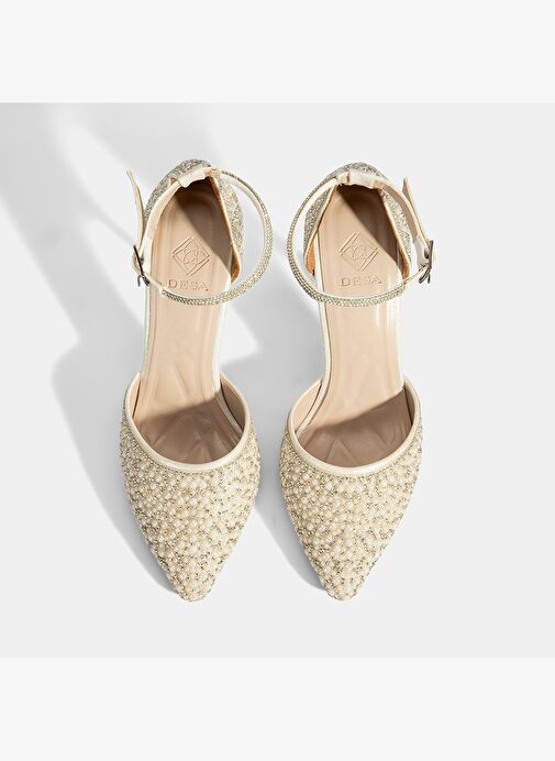 Kadın Beyaz Ayarlanabilir Tokalı Taşlı Gelin Ayakkabısı - Görsel 5