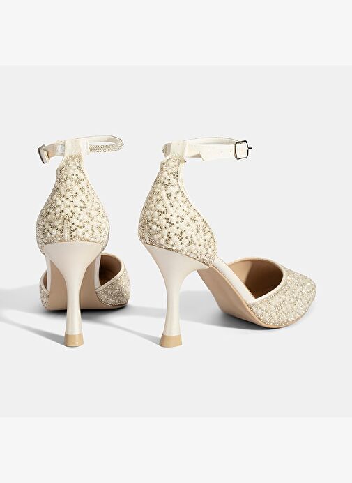 Kadın Beyaz Ayarlanabilir Tokalı Taşlı Gelin Ayakkabısı - Görsel 6