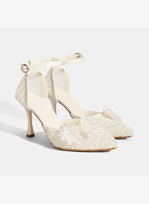 Kadın Beyaz Dantel Detaylı Taşlı Topuklu Gelin Ayakkabısı - Görsel 2