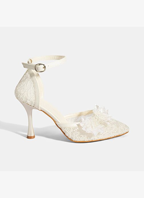 Kadın Beyaz Dantel Detaylı Taşlı Topuklu Gelin Ayakkabısı - Görsel 3