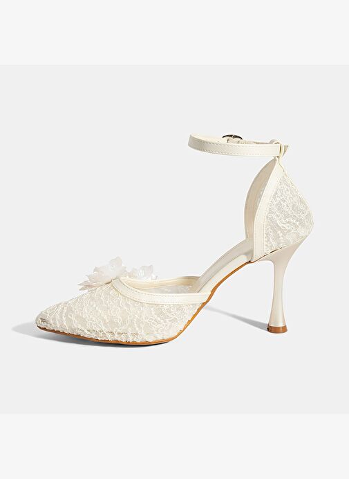 Kadın Beyaz Dantel Detaylı Taşlı Topuklu Gelin Ayakkabısı - Görsel 4