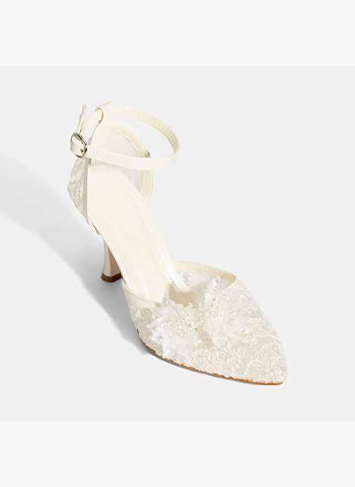 Kadın Beyaz Dantel Detaylı Taşlı Topuklu Gelin Ayakkabısı - Görsel 5