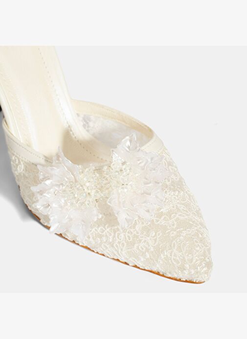 Kadın Beyaz Dantel Detaylı Taşlı Topuklu Gelin Ayakkabısı - Görsel 6