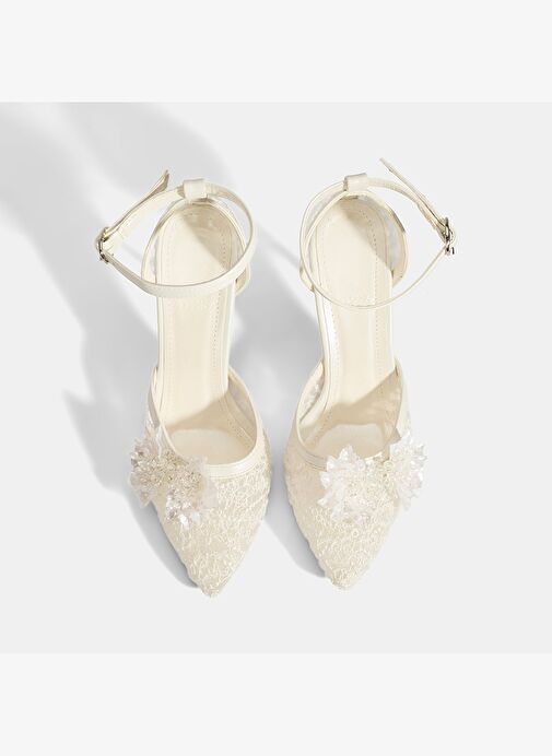 Kadın Beyaz Dantel Detaylı Taşlı Topuklu Gelin Ayakkabısı - Görsel 7