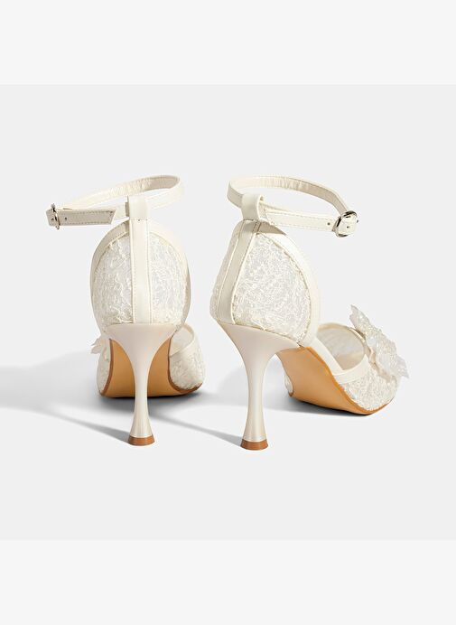 Kadın Beyaz Dantel Detaylı Taşlı Topuklu Gelin Ayakkabısı - Görsel 8