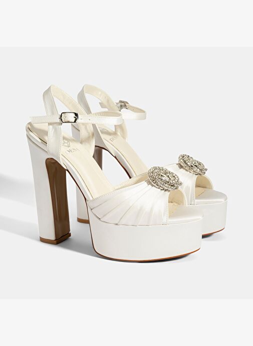 Kadın Beyaz Ayarlanabilir Tokalı Taşlı Topuklu Gelin Ayakkabısı - Görsel 2