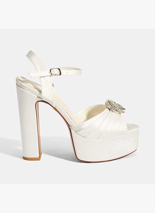 Kadın Beyaz Ayarlanabilir Tokalı Taşlı Topuklu Gelin Ayakkabısı - Görsel 3