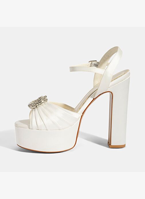 Kadın Beyaz Ayarlanabilir Tokalı Taşlı Topuklu Gelin Ayakkabısı - Görsel 4