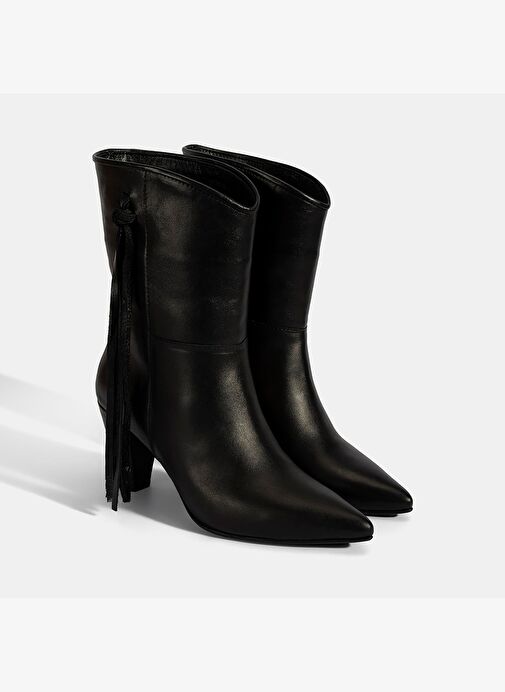 Kadın Siyah Püskül Detaylı Topuklu Deri Bot - Görsel 2