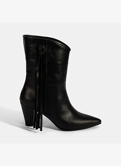 Kadın Siyah Püskül Detaylı Topuklu Deri Bot - Görsel 3