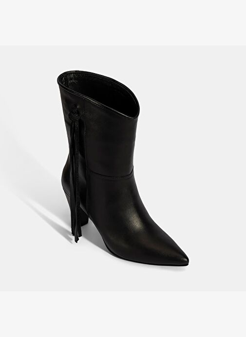 Kadın Siyah Püskül Detaylı Topuklu Deri Bot - Görsel 6