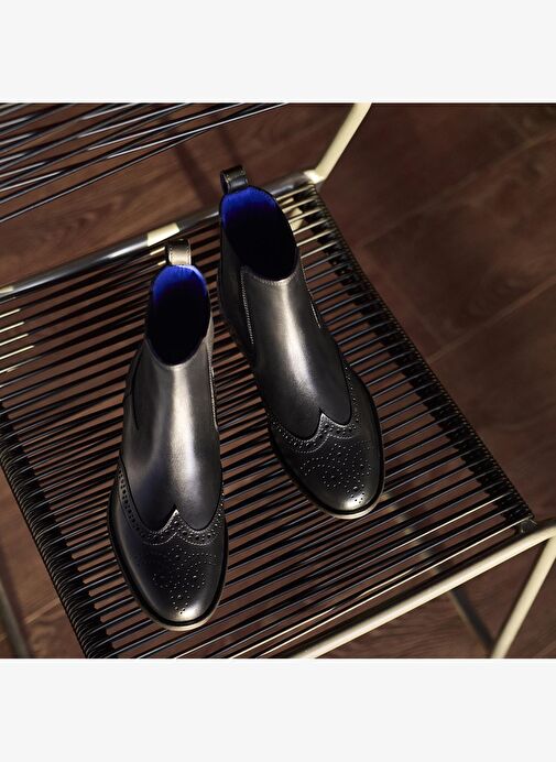 Kadın Mavi Astar Detaylı Siyah Chelsea Deri Bot - Görsel 2