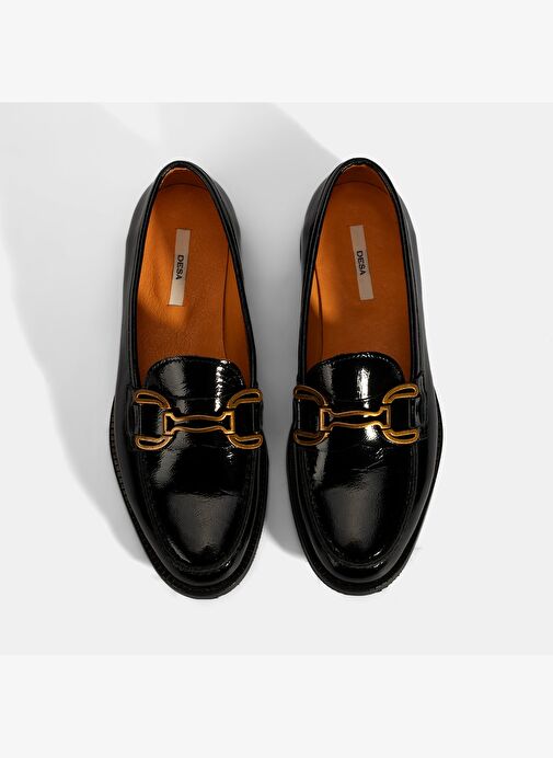 Kadın Siyah Metal Toka Aksesuarlı Rugan Loafer - Görsel 8