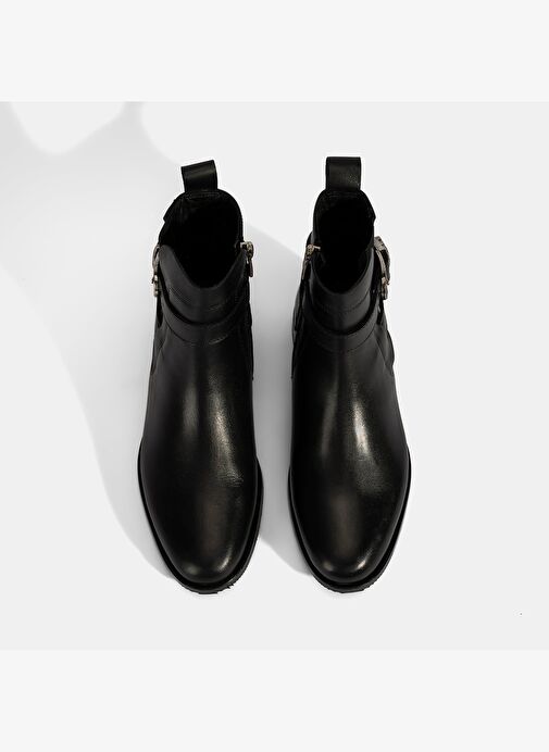 Kadın Siyah Ayarlanabilir Metal Tokalı Deri Bot - Görsel 8