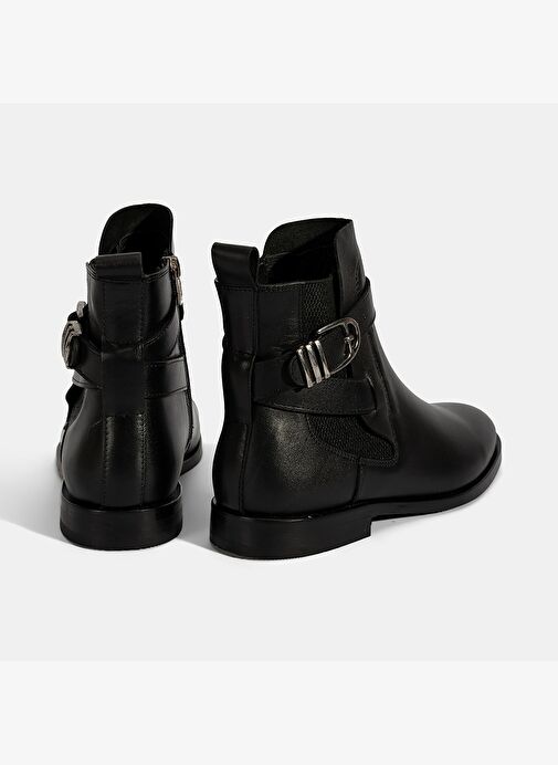 Kadın Siyah Ayarlanabilir Metal Tokalı Deri Bot - Görsel 9