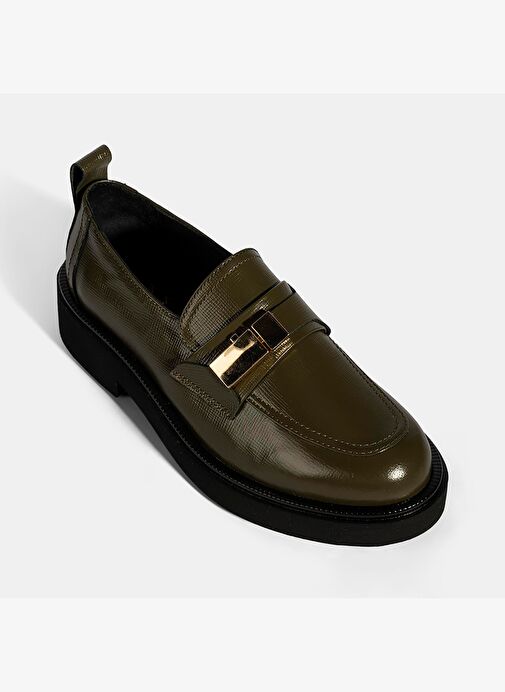 Kadın Yeşil Metal Toka Aksesuarlı Deri Loafer - Görsel 6