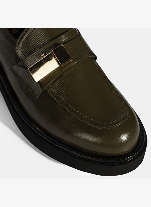 Kadın Yeşil Metal Toka Aksesuarlı Deri Loafer - Görsel 7