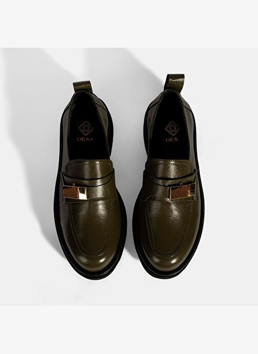 Kadın Yeşil Metal Toka Aksesuarlı Deri Loafer - Görsel 8