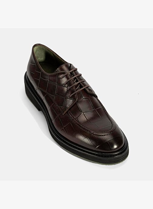 Erkek Kahve Bağcıklı Kroko Baskılı Deri Klasik Ayakkabı - Görsel 6