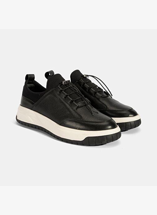 Erkek Siyah Lastik Bağcıklı Deri Sneaker - Görsel 2