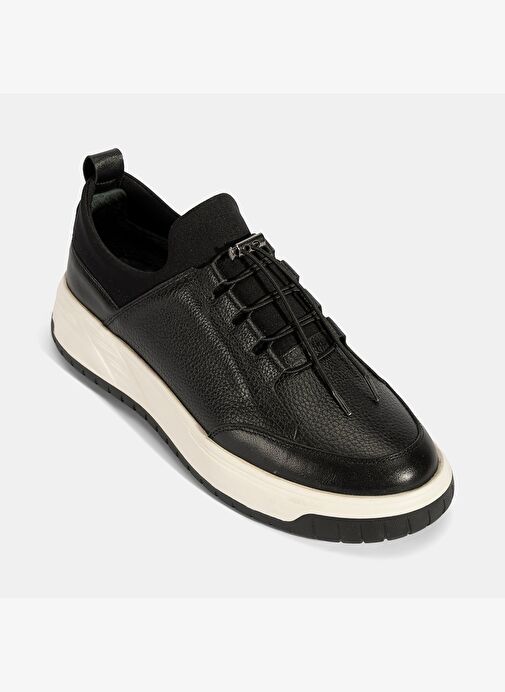 Erkek Siyah Lastik Bağcıklı Deri Sneaker - Görsel 6