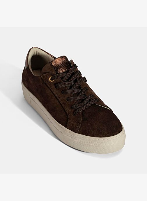 Kadın Kahve Bağcıklı Kalın Tabanlı Süet Deri Sneaker - Görsel 6