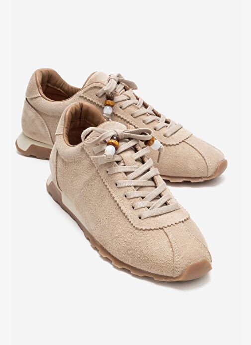 BREA Bej Süet Hakiki Deri Boncuklu Kadın Günlük Sneaker - Görsel 2