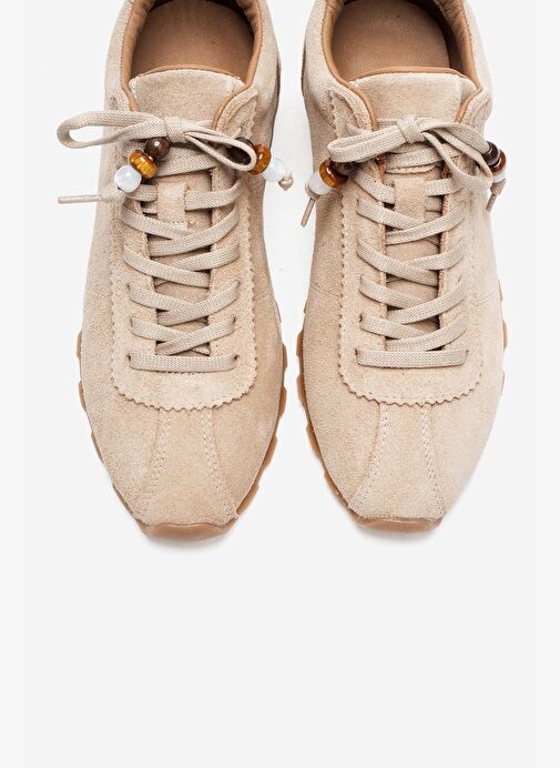 BREA Bej Süet Hakiki Deri Boncuklu Kadın Günlük Sneaker - Görsel 3