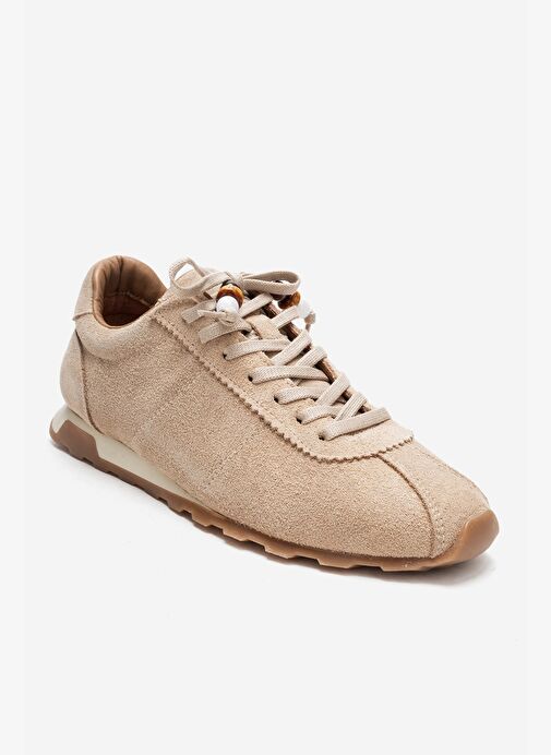 BREA Bej Süet Hakiki Deri Boncuklu Kadın Günlük Sneaker - Görsel 4
