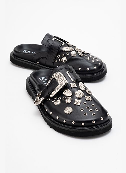 MARİL Siyah Cilt Hakiki Deri Kemerli Tokalı Burnu Kapalı Kadın Terlik - Görsel 2