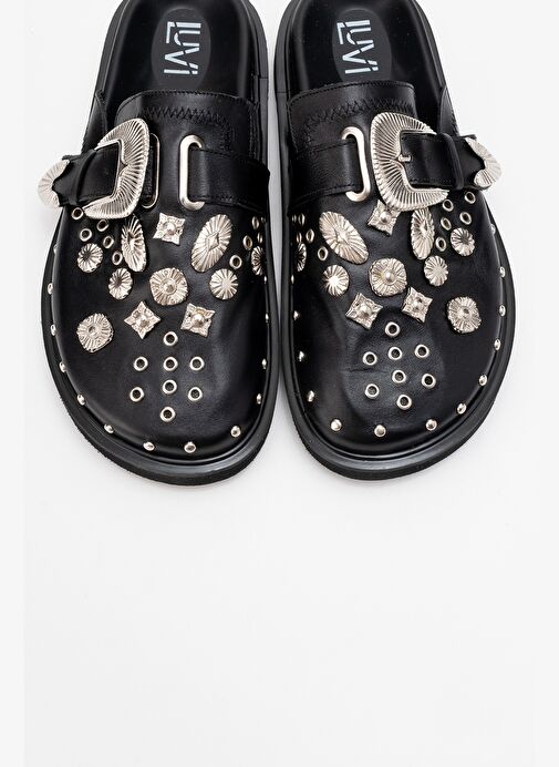 MARİL Siyah Cilt Hakiki Deri Kemerli Tokalı Burnu Kapalı Kadın Terlik - Görsel 3