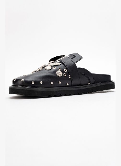 MARİL Siyah Cilt Hakiki Deri Kemerli Tokalı Burnu Kapalı Kadın Terlik - Görsel 5