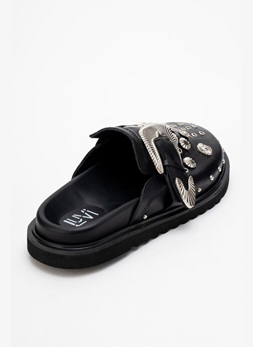 MARİL Siyah Cilt Hakiki Deri Kemerli Tokalı Burnu Kapalı Kadın Terlik - Görsel 6