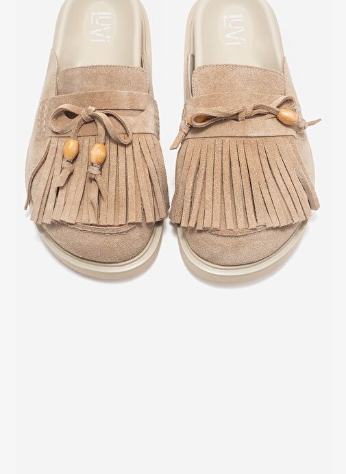 CAROL Bej Süet Püsküllü Hakiki Deri Kadın Burnu Kapalı Terlik - Görsel 3