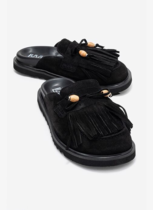 CAROL Siyah Süet Püsküllü Hakiki Deri Kadın Burnu Kapalı Terlik - Görsel 2