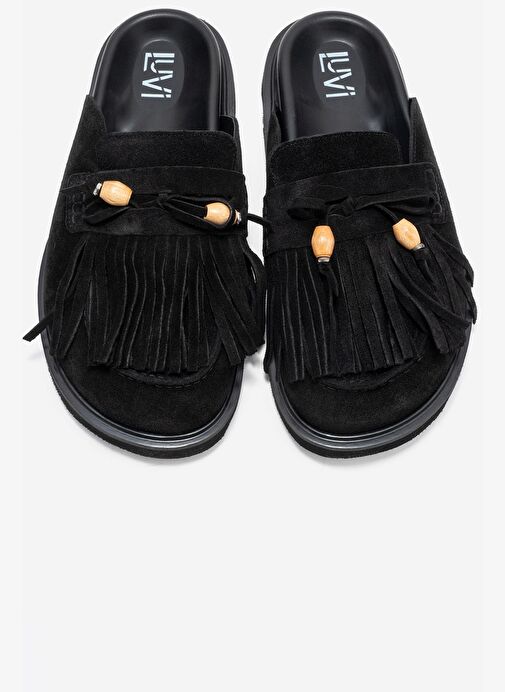 CAROL Siyah Süet Püsküllü Hakiki Deri Kadın Burnu Kapalı Terlik - Görsel 3