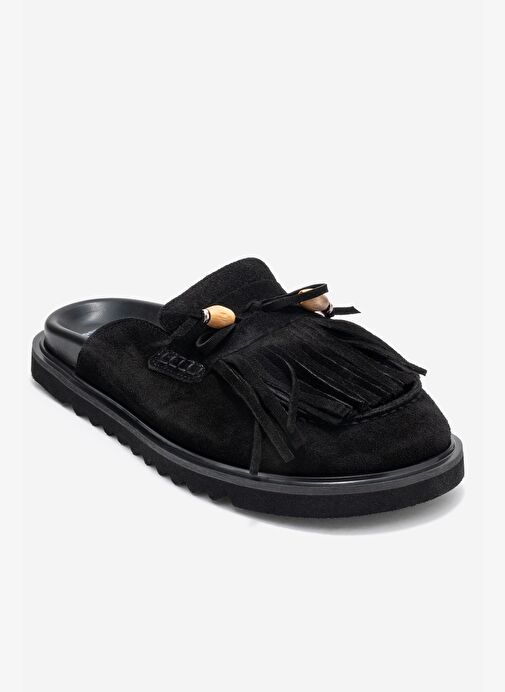 CAROL Siyah Süet Püsküllü Hakiki Deri Kadın Burnu Kapalı Terlik - Görsel 4