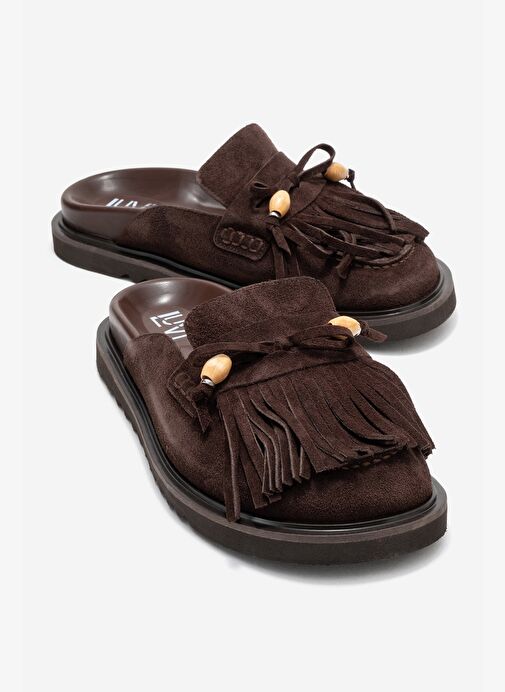 CAROL Kahverengi Süet Püsküllü Hakiki Deri Kadın Burnu Kapalı Terlik - Görsel 2