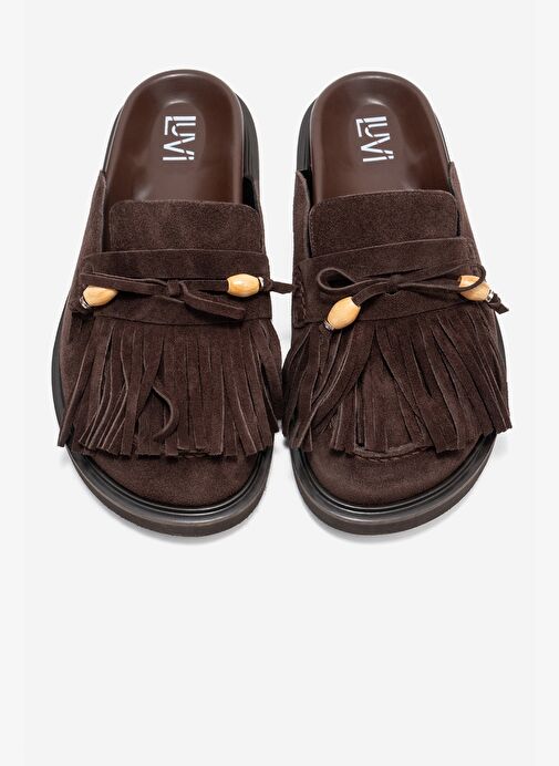 CAROL Kahverengi Süet Püsküllü Hakiki Deri Kadın Burnu Kapalı Terlik - Görsel 3