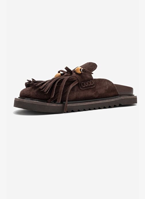 CAROL Kahverengi Süet Püsküllü Hakiki Deri Kadın Burnu Kapalı Terlik - Görsel 5