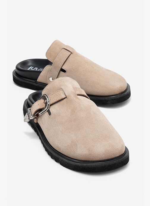 VESTA Bej Süet Tokalı Hakiki Deri Kadın Burnu Kapalı Terlik - Görsel 2