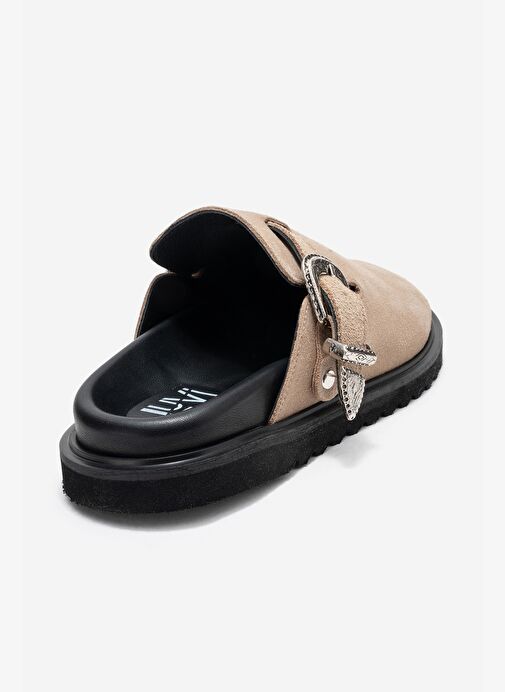 VESTA Bej Süet Tokalı Hakiki Deri Kadın Burnu Kapalı Terlik - Görsel 6