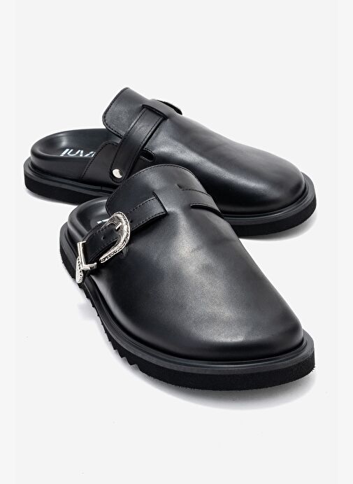 VESTA Siyah Cilt Tokalı Hakiki Deri Kadın Burnu Kapalı Terlik - Görsel 2