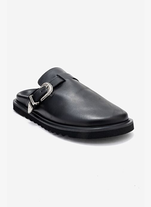 VESTA Siyah Cilt Tokalı Hakiki Deri Kadın Burnu Kapalı Terlik - Görsel 4