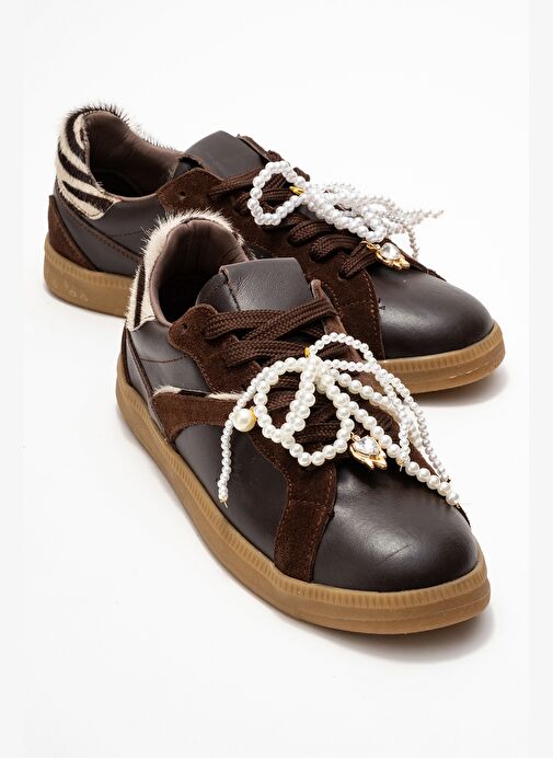 TAREN Kahverengi Hakiki Deri İnci Tokalı Kadın Günlük Spor Ayakkabı - Görsel 2