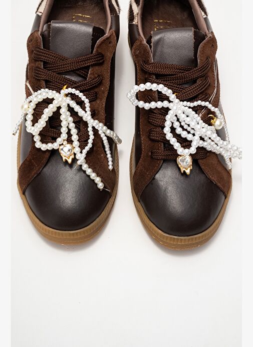 TAREN Kahverengi Hakiki Deri İnci Tokalı Kadın Günlük Spor Ayakkabı - Görsel 3