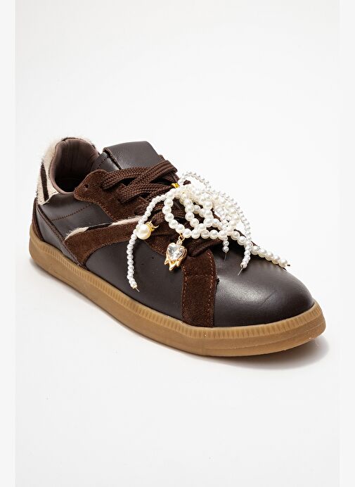 TAREN Kahverengi Hakiki Deri İnci Tokalı Kadın Günlük Spor Ayakkabı - Görsel 4