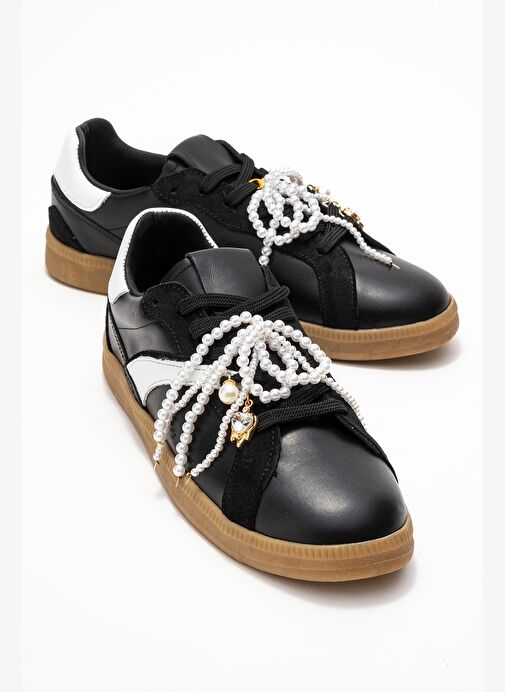 TAREN Siyah Hakiki Deri İnci Tokalı Kadın Günlük Spor Ayakkabı - Görsel 2