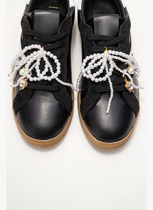 TAREN Siyah Hakiki Deri İnci Tokalı Kadın Günlük Spor Ayakkabı - Görsel 3