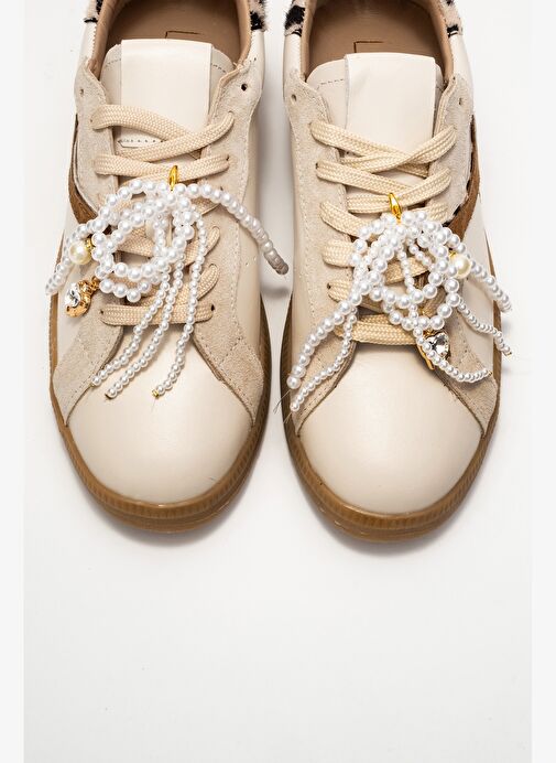 TAREN Bej Hakiki Deri İnci Tokalı Kadın Günlük Spor Ayakkabı - Görsel 3